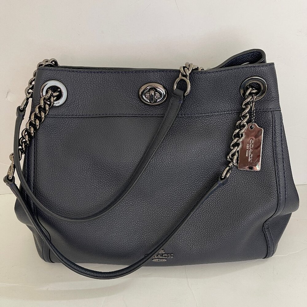 COACH Navy Blue Leather Satchel with Silver Chain Hardware: New with Dust Bag! - Picture 2 of 11